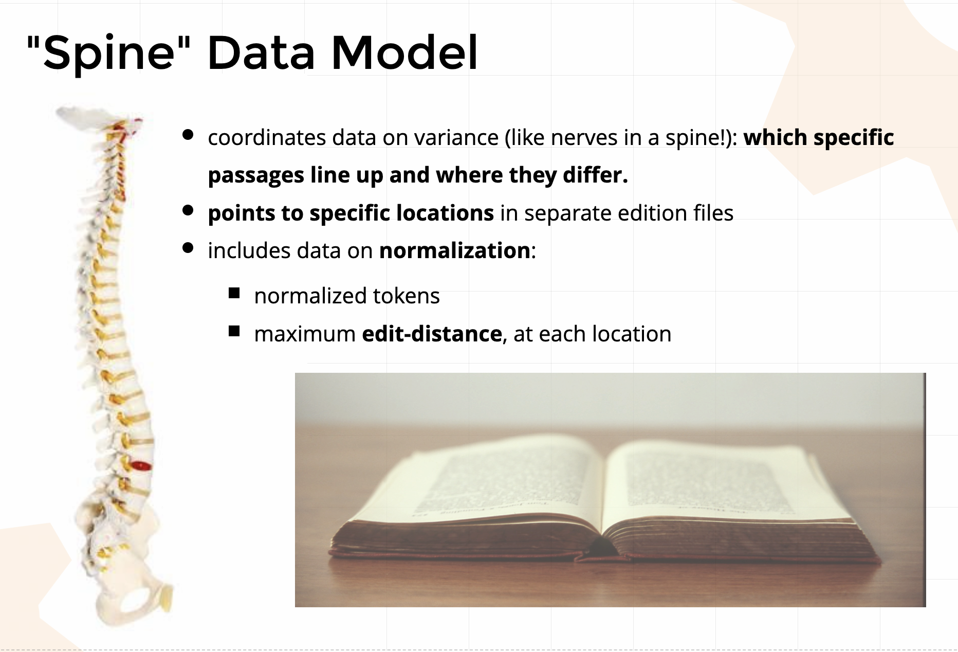 a visual summary of the spine concept, featuring images of a book spine and a spinal column